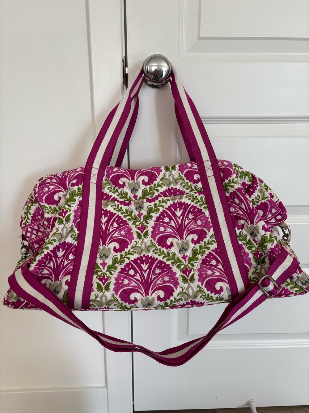 Vera Bradley Pink Floral Quilted Weekender Bag with Striped Handles